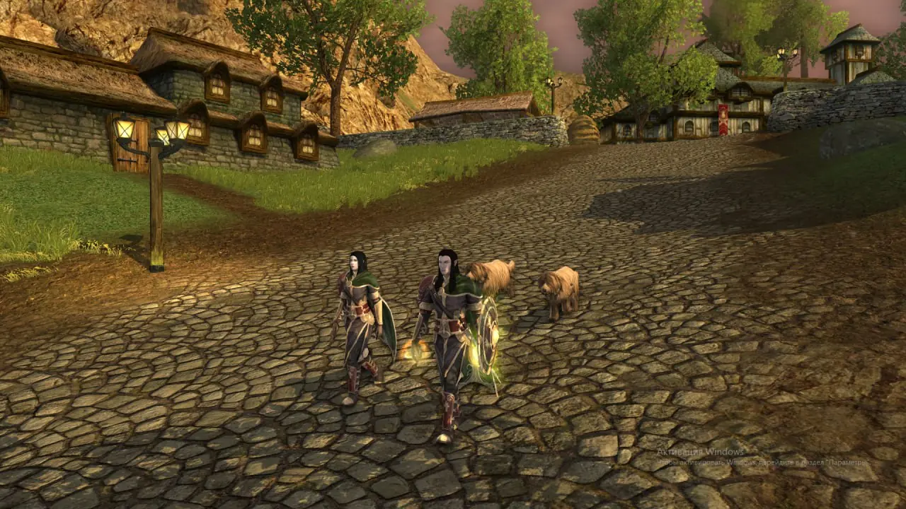 Две почти одинаковые фигуры и пара зверей на дороге LOTRO