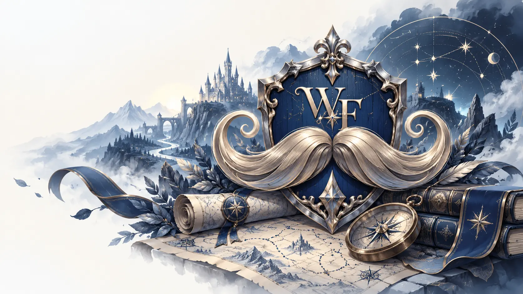 Whisker Fatigue: фэнтезийный герб WF с богатыми закрученными усами, картой и компасом